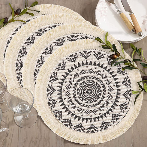 OJIA Round Placemats Set of 4,Boho Tassels Table Mats 13 Inch Black and Cream Cotton Woven Heat Proof Washable Circle Kitchen Placemats for Table Dinner Wedding Home Decoration
