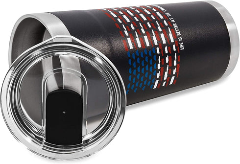 Camco Life is Better at The Campsite Stainless Steel Insulated Twist Top Tumbler- Charcoal, U.S. Flag Print 20 oz. | Superior Ice/Heat Retention | U.S. Flag Print Made of Mini RVs (53065)