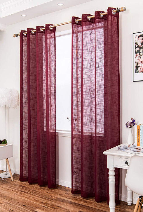 AmHoo 2 Panels Linen Sheer Curtains Premium Heavy Semi Draperies with Grommet Top Drapes Voile Panels Window Treatment for Living Bedroom Room Burgundy 52 x 95 Inch