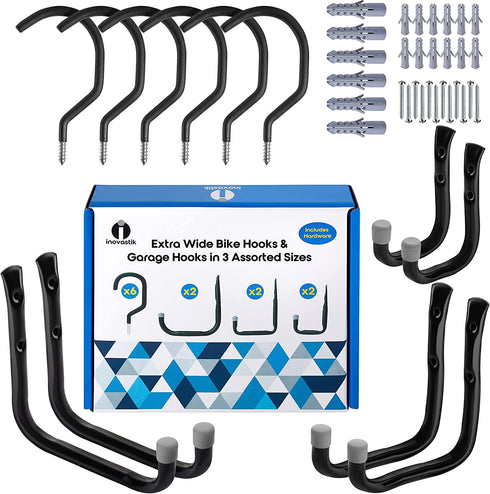 12 pack Heavy-Duty Storage Hooks - Combo Set of 6 Extra-Wide Bike Hooks + 6 Garage Utility Hooks in 3 Sizes - Organize Bikes, Ladders & Tools, for Ceiling & Wall Mounts + Screws & Anchors By Inovastik