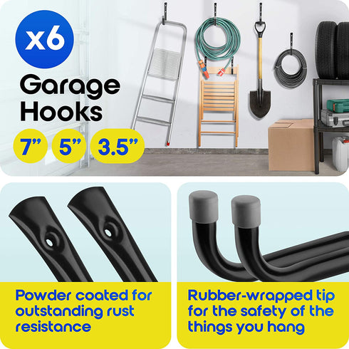 12 pack Heavy-Duty Storage Hooks - Combo Set of 6 Extra-Wide Bike Hooks + 6 Garage Utility Hooks in 3 Sizes - Organize Bikes, Ladders & Tools, for Ceiling & Wall Mounts + Screws & Anchors By Inovastik