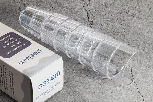 Poslam | Plastic Drinking Glasses, set of 6 12oz glasses - Unbreakable Glasses, Clear Plastic Drinkware, Dishwasher Safe, Shatterproof Glasses, Everyday Tumblers