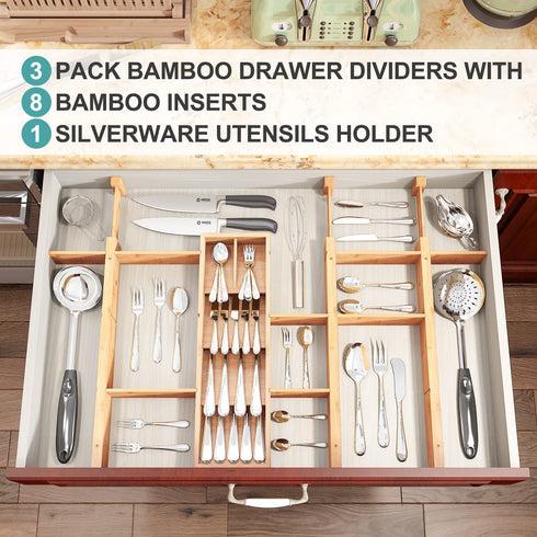 Bamboo Drawer Dividers with 8 Inserts, 16.5-22", Kitchen Drawer Organizer Box for Silverware Utensil, Expandable & Adjustable Drawer Dividers for Home, Office, Dressers, and Bathroom