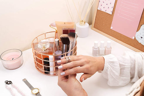 Rosework Rose Gold Makeup Brush Holder, Round Makeup Organizer For Vanity, 4 Compartment Makeup Brush Organizer and Cosmetic Brush Holder, Great Skincare Organizer and Makeup Brush Storage