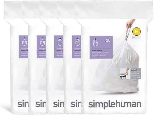 simplehuman Code E Custom Fit Drawstring Trash Bags in Dispenser Packs, 20 Liter / 5.3 Gallon, White 100 Liners