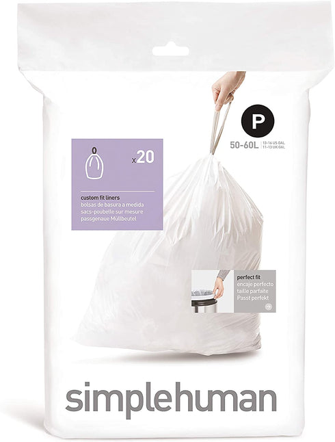 simplehuman Code P Custom Fit Drawstring Trash Bags in Dispenser Packs, 50-60 Liter / 13.2-15.9 Gallon, White 20 Liners