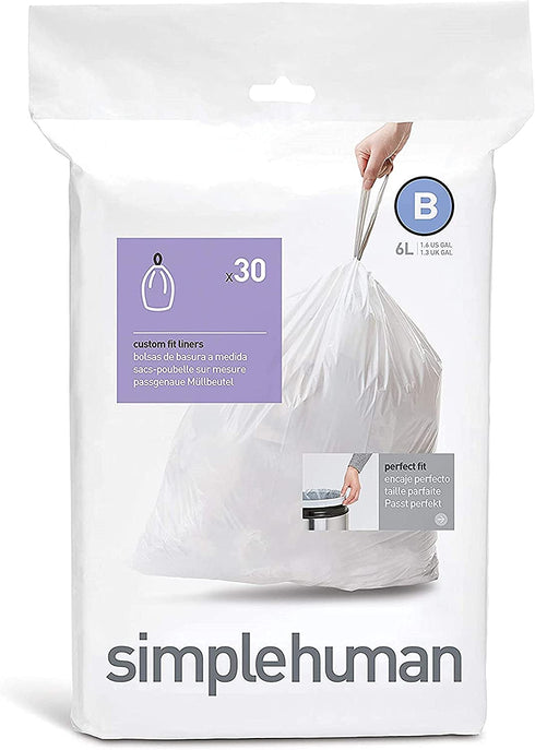 simplehuman Code B Custom Fit Drawstring Trash Bags in Dispenser Packs, 6 Liter / 1.6 Gallon, White 30 Liners