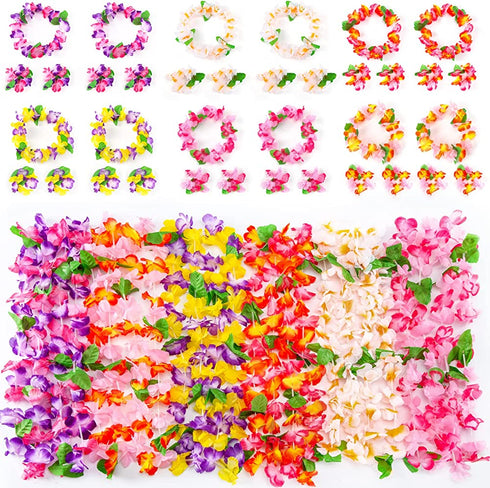 FUTUREPLUSX Hawaiian Leis, 48PCS Hawaiian Party Necklace Headbands and Wristbands for Hawaiian Luau Decoration Tropical themed Party