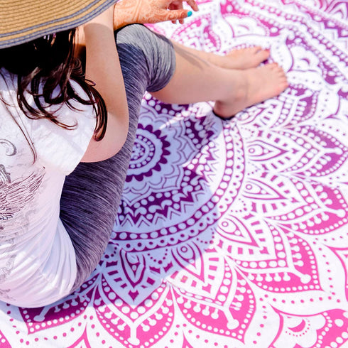 Folkulture Round Mandala Tapestry or Beach Blanket, Set of 2 Hippie Boho Mandala Tapestry, Indian Circle Tablecloth or Rug, Large Cotton Bohemian Yoga Mat for Meditation - 72 Inches, Green and Pink
