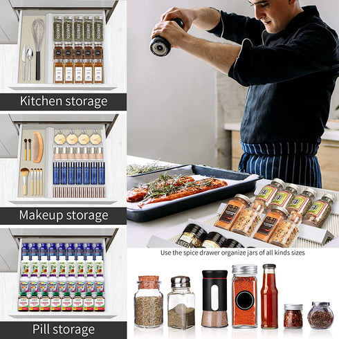 YEEWELL Spice Rack/Adjustable 4-Tiers Drawer Organizer for Kitchen Cabinets/Seasoning Organizer with Strong Grip Shelf Liner, 15-3/4" Large, White