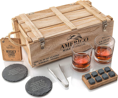 Whiskey Stones Gift Set for Men | Whiskey Glass and Stones Set with Rustic Wooden Crate, 8 Granite Whiskey Rocks Chilling Stones, 10oz Whiskey Glasses | Whiskey Gift for Men, Dad, Husband, Boyfriend