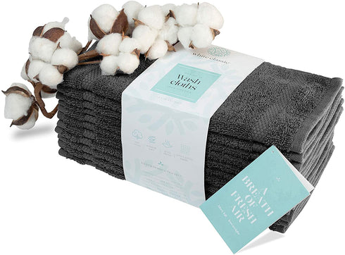 White Classic Luxury Cotton Washcloths - Large Hotel Spa Bathroom Face Towel | 12 Pack | (6-Grey/6-White)