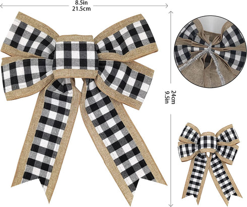 cprocx 4 Pieces Black White Buffalo Plaid Bow,Rustic Burlap Crafts Wreath Bow, Wall Home Front Door Decorative Ornaments