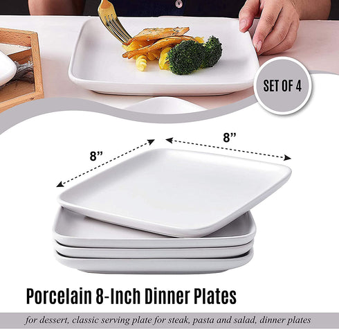 Bruntmor 8-Inch Set of 4, Heavy Duty Ceramic Dinner Plates, Elegant Matte Square Serving Plates for Dessert, Classic Serving Plate for Steak, Pasta and Salad, Dinner Plates, White