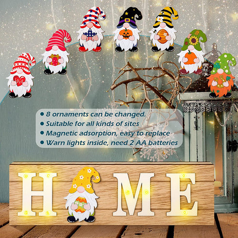 Gnome Home Sign Interchangeable Easter Gnome Wooden Signs Rustic Home Sign with 8 Seasonal Gnome Magnet Wooden Home Sign with 8 LED Lights for Home Easter Party Holiday DIY Decor