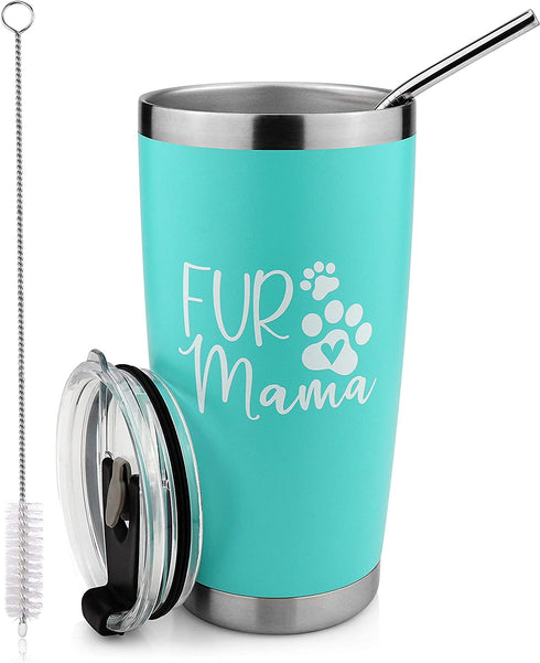 Fur Mama - Fun Presents for Dog lover, Cat lover - 20 oz Mint Stainless Steel Vacuum Insulated Travel Tumbler with Lid and Straw - Perfect Travel Mug for a Fur Mama
