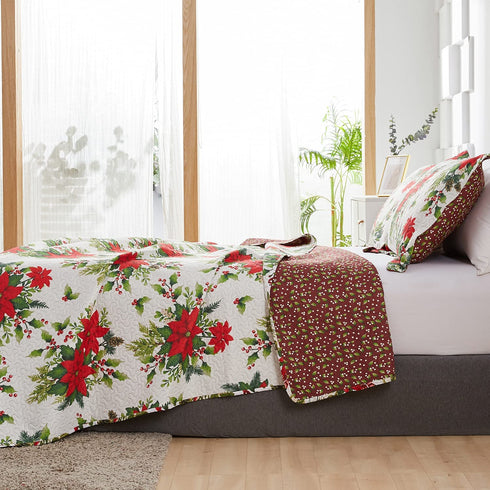 Flower Quilt Set Full/Queen Size ,3 Pcs Poinsettia Floral Quilts Lightweight Reversible Red Christmas Flower Bedspread Coverlet New Year Holiday Bedding with Pillow Shams
