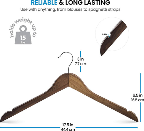High-Grade Wooden Shirt Hangers with Rubber Grips (10 Pack) Smooth & Durable Wood Hangers with Grips Non Slip - Slim & Sleek Space Saving Hangers with Notches & 360 Hook - Ideal for Camisoles, Rompers