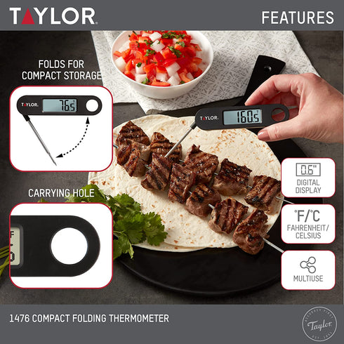 Taylor Precision Products Instant Read Digital Meat Food Grill BBQ Cooking Kitchen Thermometer, Folding Probe, Black