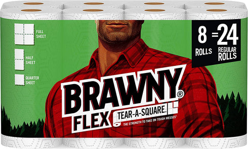 Brawny Flex Paper Towels, 8 Triple Rolls = 24 Regular Rolls, Tear-A-Square, 3 Sheet Size Options, Quarter Size Sheets