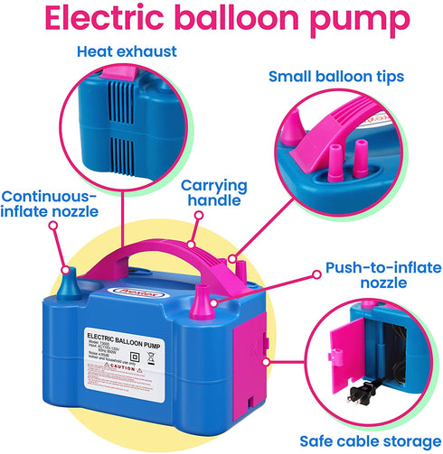 Prextex Electric Balloon Pump - Portable Air Blower Dual Nozzle Balloon Inflator for Fast and Easy Bulk Balloons Filling for Event and Party Decoration (Blue, 110V)