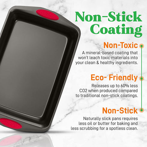 NutriChef 2-Piece Baking Pan Set - PFOA, PFOS, PTFE Free Flexible Nonstick Black Coating Carbon Steel Bakeware - Professional Home Kitchen Bake Cookie Sheet Stackable Tray w/ Red Silicone Handles