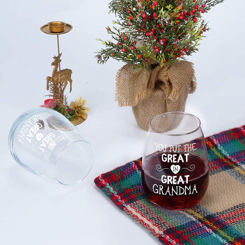 You Put the Great in Great Grandma Stemless Wine Glass, Gifts for Grandma New Grandma to Be Grandmother Mother's Day Birthday Christmas, Funny Grandma Wine Glass from Granddaughter Grandson, 15Oz