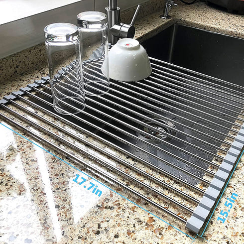 17.7" x 15.5" Large Dish Drying Rack, Attom Tech Home Roll Up Dish Racks Multipurpose Foldable Stainless Steel Over Sink Kitchen Drainer Rack for Cups Fruits Vegetables