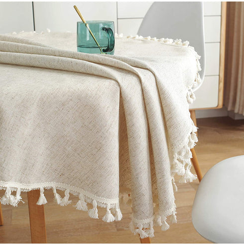 Round Tablecloth, DarNio Cotton Linen Table Cloth with Tassel Dust-Proof Table Cover for Kitchen Dining Tabletop Decoration Diameter 60 Inch