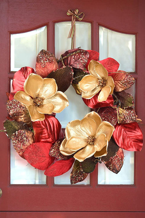 RED DECO Christmas Wreath for Front Door - 20 Inch Red Magnolia with 3 Gold Flowers, Holiday Wreaths for Home Farmhouse Indoor Outdoor Windows Wall Decor(Red)