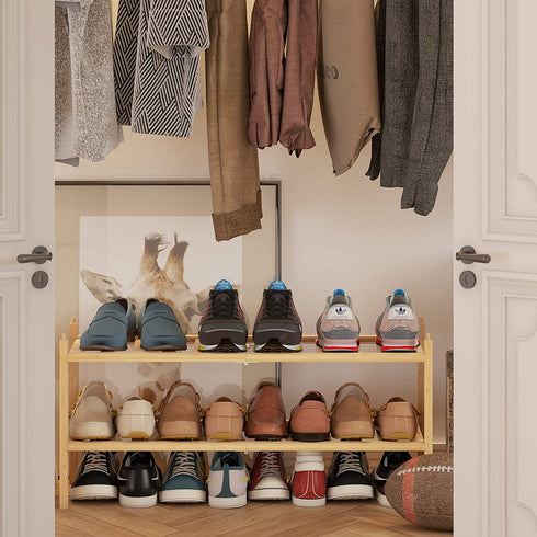 BAMFOX 2-Tier Shoe Rack,Bamboo Stackable Shoe Storage Organizer Unit Entryway Shelf,27.2"x11"x13.2" in Natural Color