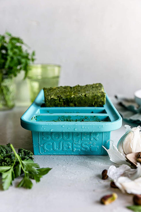 Souper Cubes 1/2-Cup Freezing Tray with lid, makes 6 perfect 1/2 cup portions, freeze pesto, salsa, or sauce