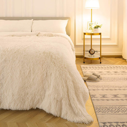 Toneed Soft Fluffy Throw Blanket for Girl Room, Plush Faux Fur Wool Blanket, 60'' x 80'' Furry Sherpa Reversible Fleece Blanket for Sofa, Couch, Bed and Home Decor, Creamy
