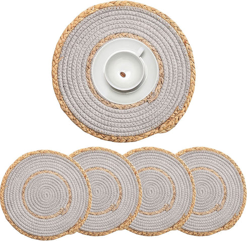 LEVIMETREE Rattan Placemats Set of 4, Natural Cotton and Rattan Woven Coasters, 11.8-inch Round Placemats for Dining Table, Kitchen, Heat Resistant Thick Rattan Chargers, Fall Place Mat Grey Placemats
