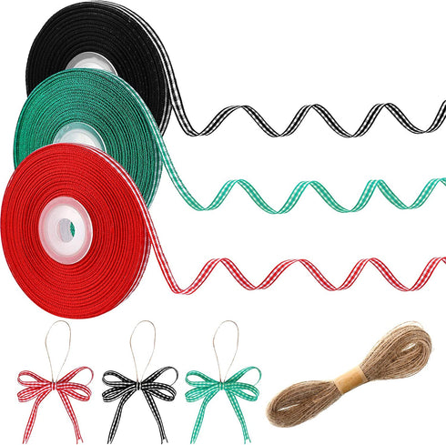 3 Rolls 75 Yards Gingham Ribbon Buffalo Woven Edge Ribbon with 10 M Twine Rope, Taffeta Ribbon Wrapping Plaid Ribbons for Hair Accessories Craft and Christmas Wrapping (4 Pieces)