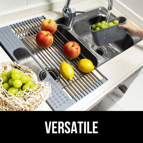 Koroda Roll Up Dish Drying Rack Over The Sink: 20'' x 11'' Large Dish Drying Rack with Utensil Holder Foldable Stainless Steel Dish Drainer for Kitchen Sink (Gray)