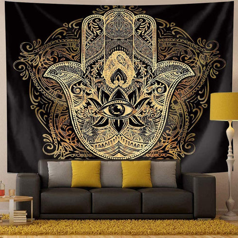 QCWN Spiritual Tapestry,Psychedelic Trippy Tapestry Black Gold Hamsa Hand Tapestry Mandala Medallion Bohemian Tapestry Evil Eye Hamsa Hand Blessing Home Good Luck Wall Tapestry for Bedroom Aesthetic