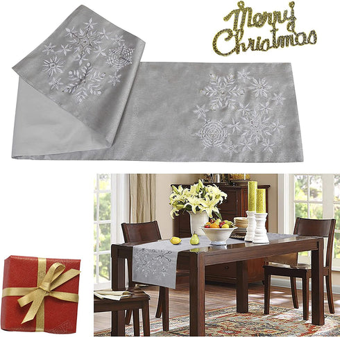 OWENIE Christmas Table Runners, Snowflake Silver Grey Table Runner, Xmas Holiday Tabletop Decor, Embroidery Table Centerpieces with Sequins and Diamonds, Glittering Winter Home Decorations, 14X70 Inch