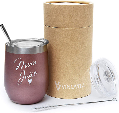 Mom Juice VINOVITA Stainless-Steel Funny Wine Tumbler Insulated Stemless Glass with 2 Lids, Straw, & Brush Novelty Adult Sippy Cup Perfect For Mother™s Day, Valentines, Birthday 12oz