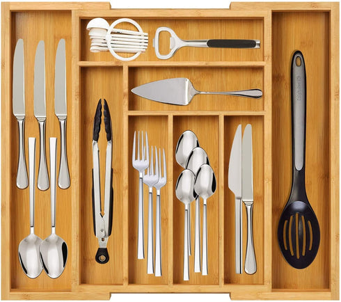 Bamboo Kitchen Drawer Organizer Large Silverware Tray, Expandable Wooden Cutlery Holder for Spoon Fork Flatware Adjustable Utensil Organizer By FURNINXS?7-9 Slot?