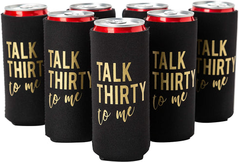 Talk Thirty To Me Can Coolers, 30th Birthday Party Coolies, Set of 12, Black/White/Pink and Gold Thirtieth Birthday Cup Coolers, Perfect for Birthday Parties, Birthday Decorations (Black, Slim)