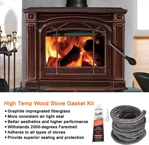 Stanbroil Graphite Impregnated Fiberglass Rope Seal and High Temperature Cement Gasket Kit Replacement for Wood Stoves - 1/4" x 84"