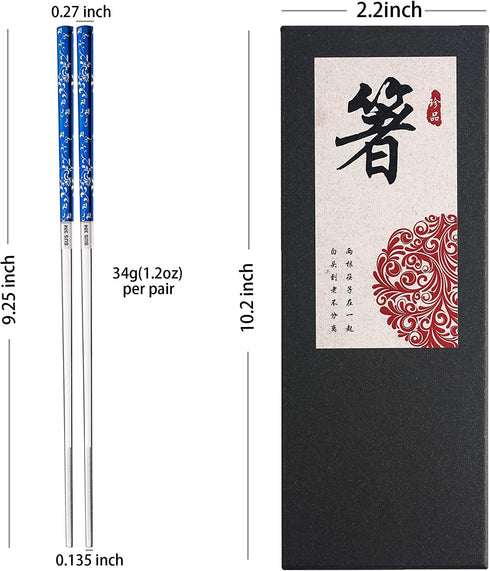 Titanium Plated Chopstick Stainless Steel Chopsticks Metal Chopsticks Reusable Dishwasher safe Premium Laser Engraved Chop Sticks for Eating 2 Pairs Gift Set Blue Silver