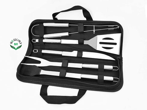 NewlineNY Stainless Steel BBQ Grill Tool Kit 5 PCS Set : Tong, Meat Fork, Basting Brush, Spatula, Knife + Carrying Bag for Picnic Camping Barbeque Cooking Grilling