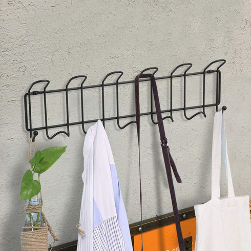 Minggoo Coat Rack Wall Mounted Hook Rack Over The Door Hook Set of 2, Organizer 13 Hooks, Heavy-Duty Iron Wire Black