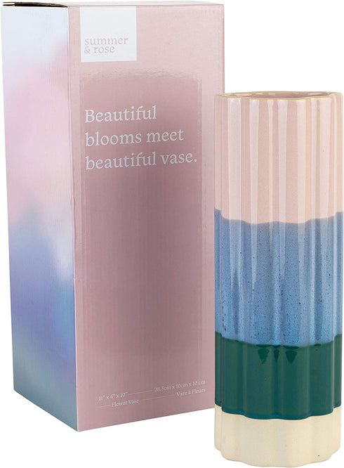 Summer & Rose Ceramic Flower Vase Beautiful Colorful Watercolor 11"" Height x 4"" Wide (SR11)