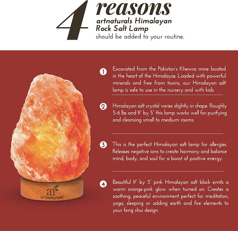 artnaturals Himalayan Rock Salt Lamp - Natural Glow Salt Night Light -Hand Carved Pink Crystal from Pure Salt - for Rest, Relaxation and Energy - Real Wooden Base