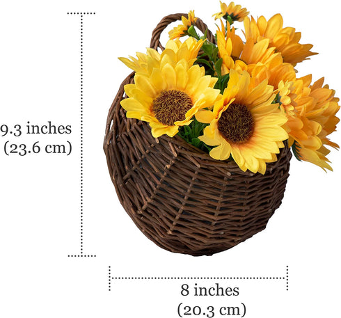 Tapeera Set of 2 Artificial Sunflower Wall Decor In Hanging Hand Woven Basket - Faux Sunflower Kitchen Decor - Fake Sunflower Decor For Kitchen - Sunflower Bathroom Decor Wreath Sun Flowers Home Decor
