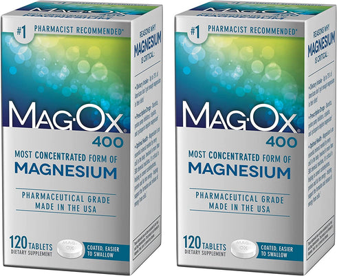 Mag-Ox Magnesium Supplement, Pharmaceutical Grade Magnesium Oxide, Most Concentrated Form of Magnesium, 483mg, 240 Tablets (2 Packs of 120 Tablets)