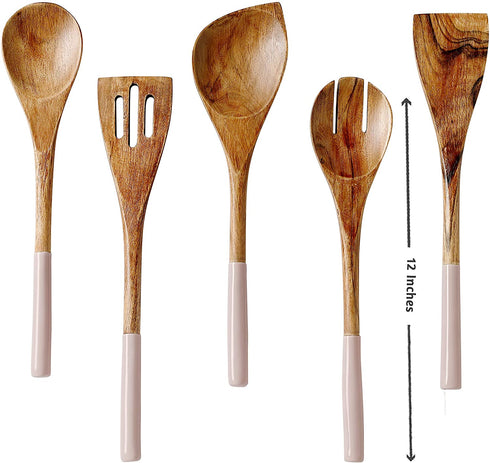 Wooden Cooking Utensils Set for Kitchen, Non Stick Cookware Tools Includes Wooden Spoon for Cooking, Spatula, Fork, Slotted Turner, Corner Spoon, Set of 5-12 Inches Long, Acacia Wood, Blush Pink